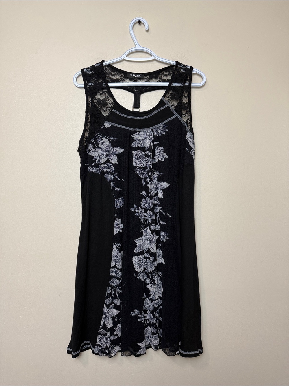 Papa Vancouver Black Dress with White Floral Panels and Lace Yoke size L
